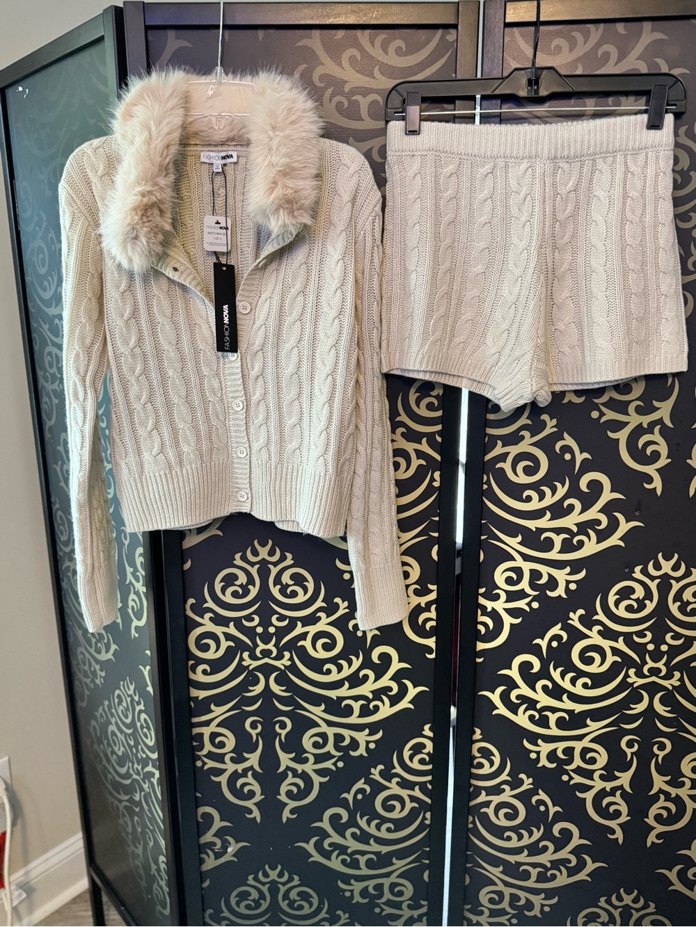 Fashion Nova Cream Cable-Knit High Waist Shorts & Faux-Fur Collar Cardigan